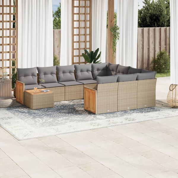 vidaXL Set Divani da Giardino 11 pz con Cuscini Beige in Polyrattan
