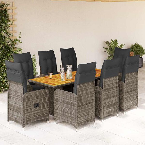 vidaXL Set Bistr&ograve; da Giardino 9 pz con Cuscini in Polyrattan Grigio