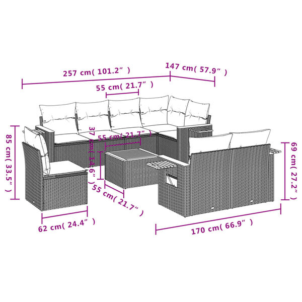 vidaXL Set Divano da Giardino 9 pz con Cuscini Grigio in Polyrattan