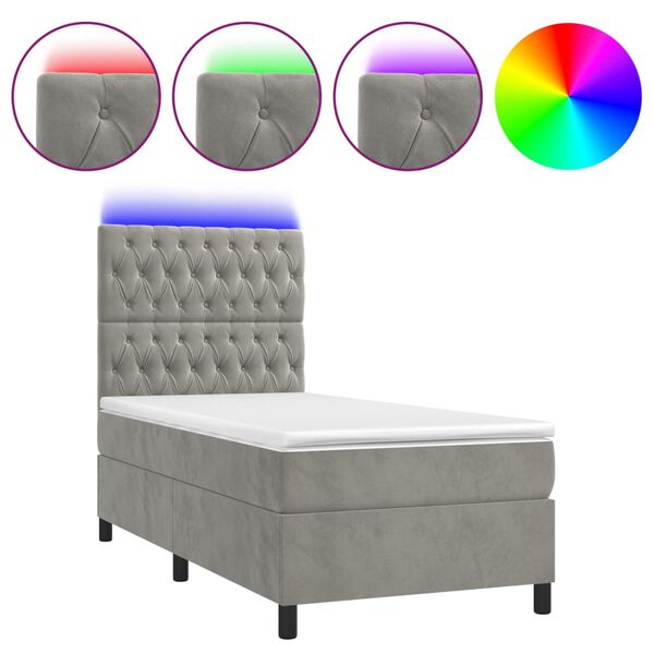 vidaXL Letto a Molle Materasso e LED Grigio Chiaro 100x200 cm Velluto
