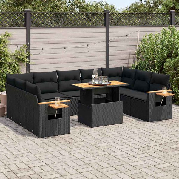 vidaXL Set Divani Giardino 10pz con Cuscini Nero in Polyrattan Acacia