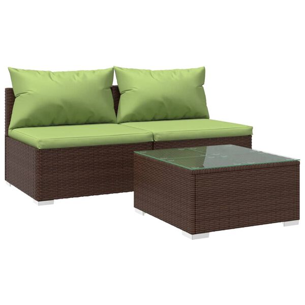 vidaXL Set Divani da Giardino 3 pz con Cuscini in Polyrattan Marrone