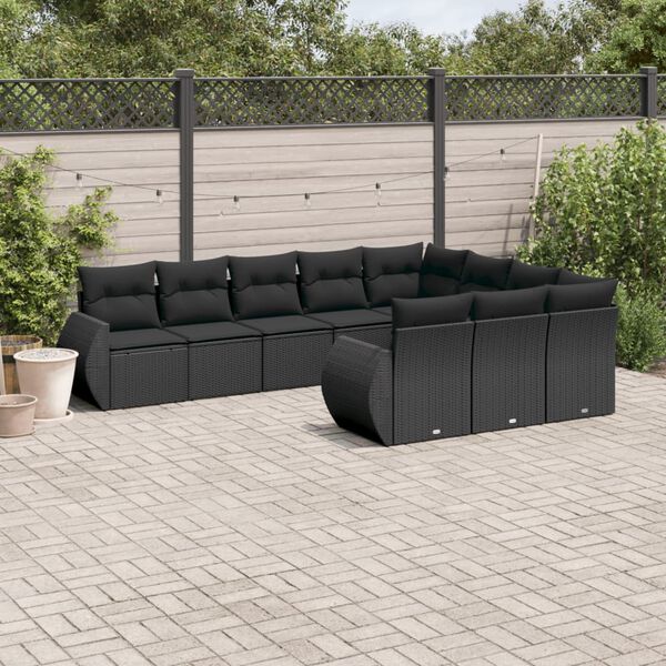 vidaXL Set Divani da Giardino 10pz con Cuscini in Polyrattan Nero