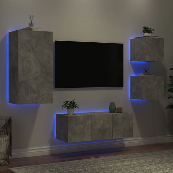 vidaXL Mobili TV a Muro con LED 5pz Grigio Cemento Legno Multistrato