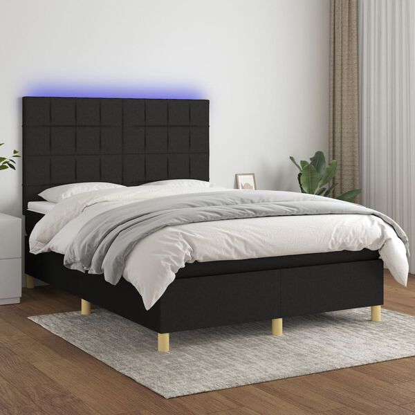 vidaXL Letto a Molle con Materasso e LED Nero 140x200 cm in Tessuto