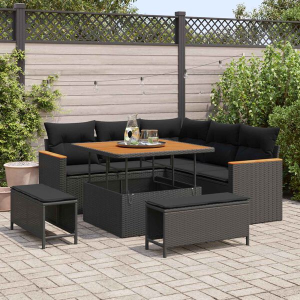 vidaXL Set Divano da Giardino con cuscino 8 pcs Nero Poly Rattan