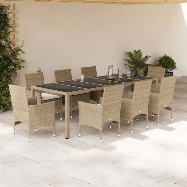 vidaXL Set da Pranzo da Giardino 9 pz con Cuscini Polyrattan e Vetro