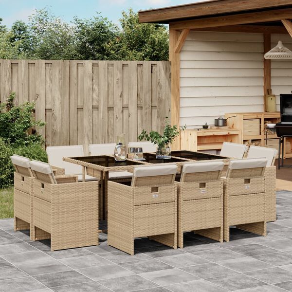 vidaXL Set da Pranzo da Giardino 11 pz con Cuscini Beige in Polyrattan