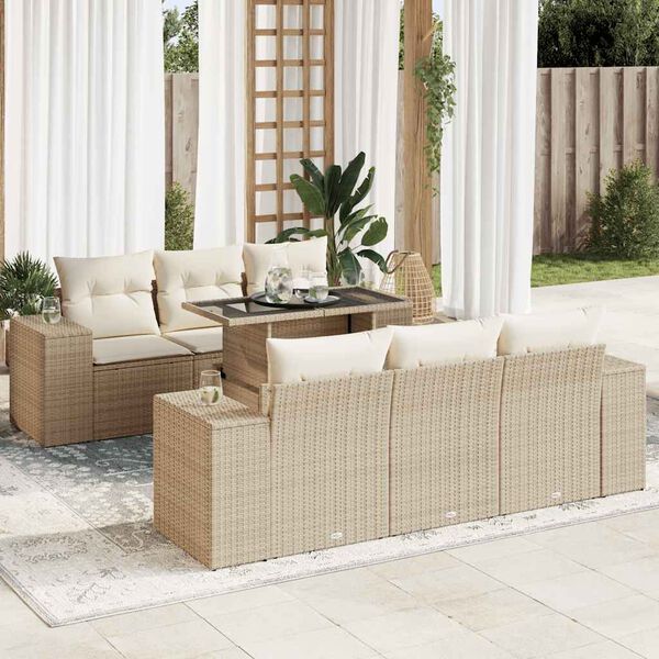 vidaXL Set Divani da Giardino 7 pz con Cuscini Beige in Polyrattan