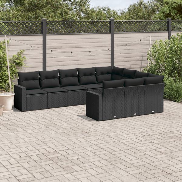 vidaXL Set Divani da Giardino 10pz con Cuscini in Polyrattan Nero