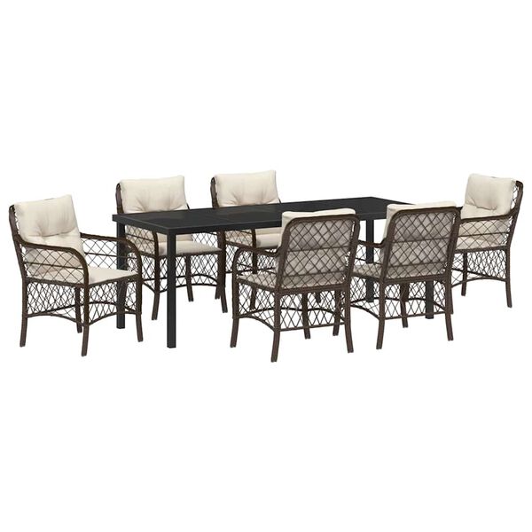vidaXL Set da Pranzo per Giardino con cuscino 7 pcs Marrone polyrattan