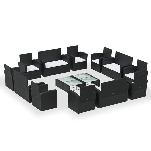 vidaXL Set Divani da Giardino 16 pz con Cuscini in Polyrattan Nero