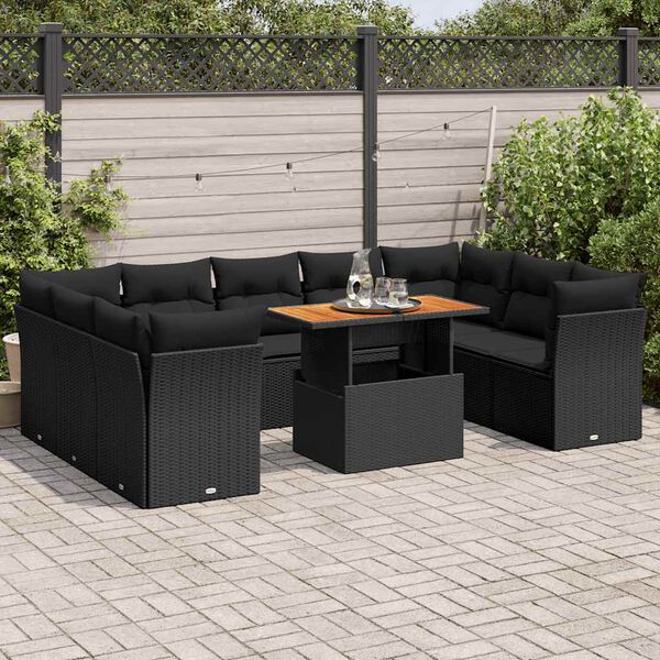 vidaXL Set Divani da Giardino 10pz con Cuscini in Polyrattan Nero