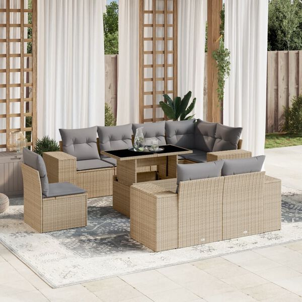 vidaXL Set Divano da Giardino 9 pz con Cuscini Beige in Polyrattan