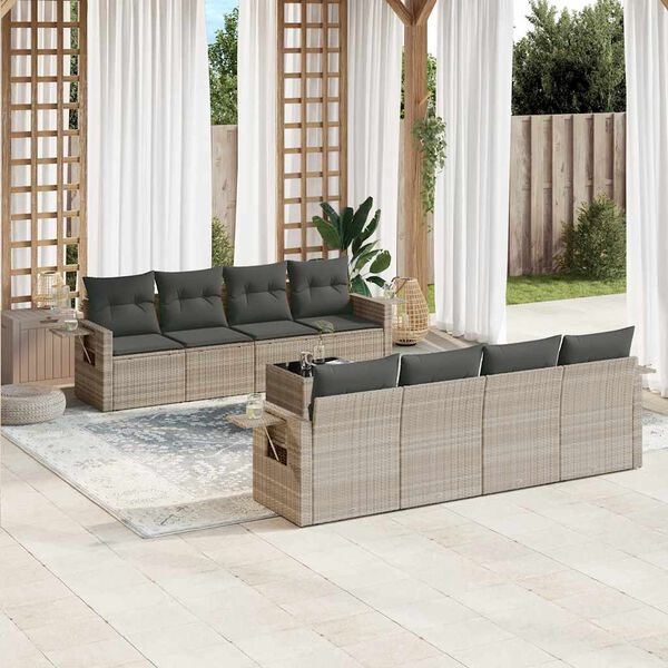 vidaXL Set Divano da Giardino 9pz con Cuscini Grigio Chiaro Polyrattan
