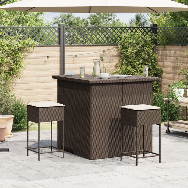 vidaXL Set Bar da Giardino 3 pz con Cuscini in Polyrattan Marrone