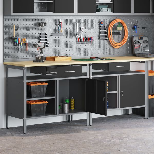 vidaXL Set banco da lavoro 2 pcs Nero e Grigio 200 x 55 x 85 cm