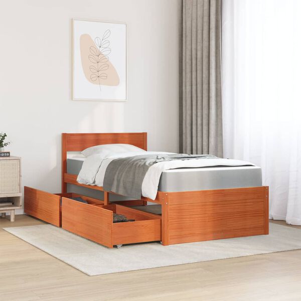 vidaXL Letto Cassetti e Materasso Marrone Cera 90x190cm Massello Pino