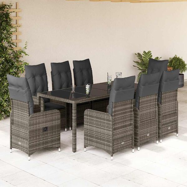 vidaXL Set Bistr&ograve; da Giardino 9 pz con Cuscini in Polyrattan Grigio