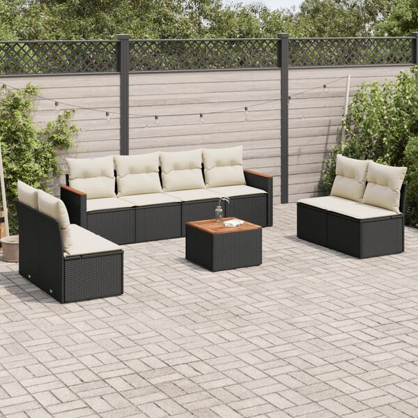 vidaXL Set Divani da Giardino 9 pz con Cuscini Nero in Polyrattan