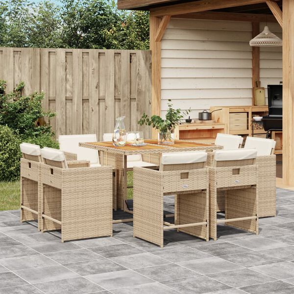 vidaXL Set da Pranzo da Giardino 9 pz con Cuscini Beige in Polyrattan