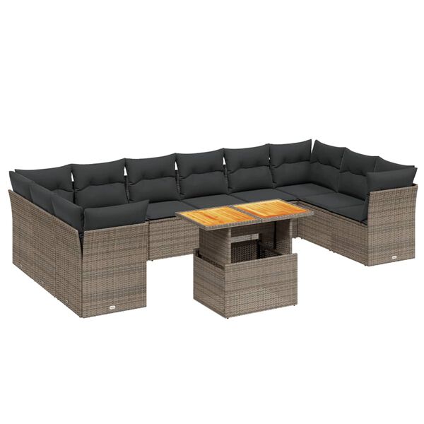 vidaXL Set Divani da Giardino 11 pz con Cuscini in Polyrattan Grigio