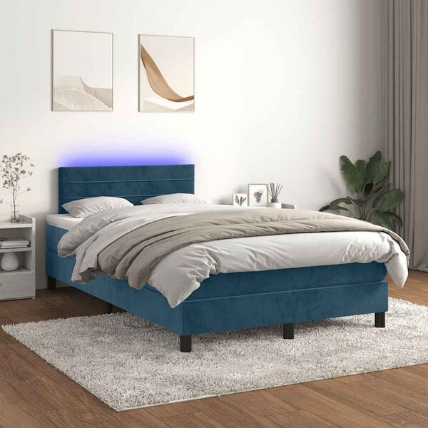 vidaXL Letto a Molle con Materasso e LED Blu Scuro 120x190 cm in Velluto