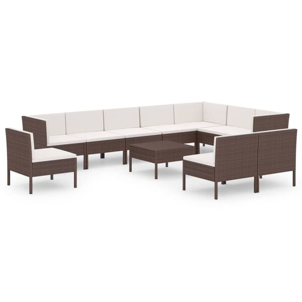 vidaXL Set Divani da Giardino 11 pz con Cuscini in Polyrattan Marrone