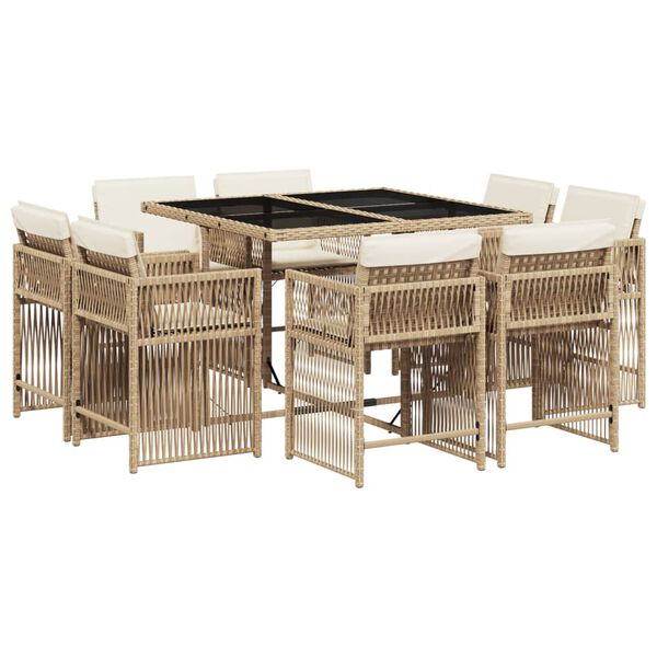 vidaXL Set da Pranzo da Giardino 9 pz con Cuscini Beige in Polyrattan