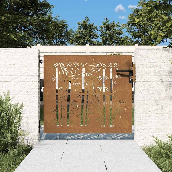 vidaXL Cancello da giardino 85x75 cm in acciaio Corten e design in bambù