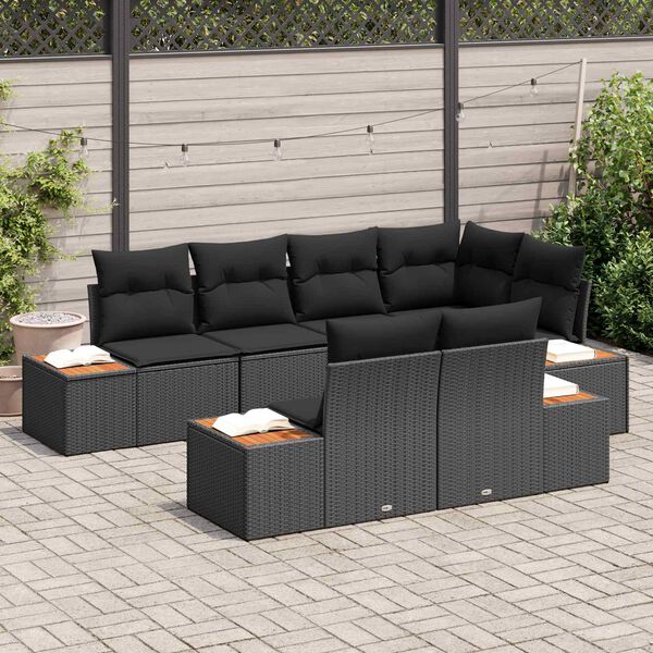 vidaXL Set Divano da Giardino con cuscino 7 pcs Nero Polyrattan