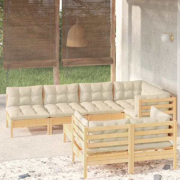vidaXL Set Divani da Giardino 8 pz con Cuscini Crema in Massello di Pino