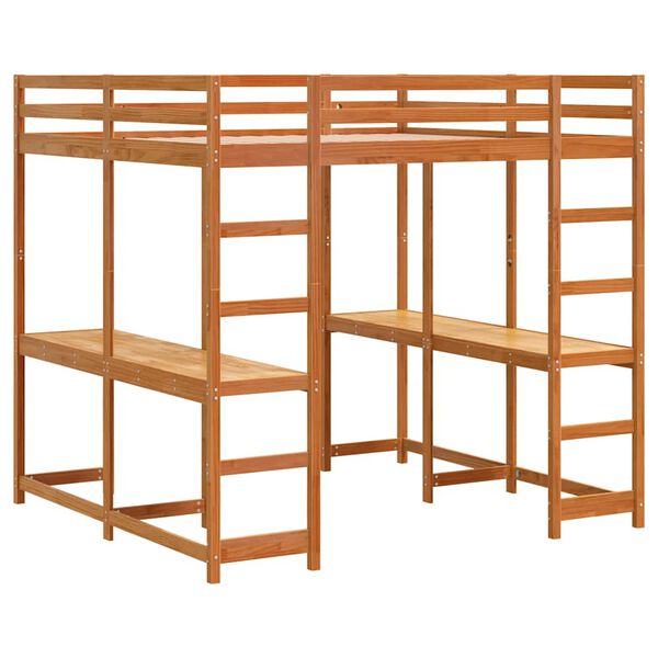 vidaXL Letto Soppalco Scrivania e Scala Marrone Cera 200x200cm Pino