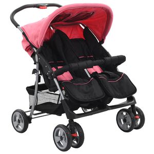 vidaXL Passeggino Gemellare Rosa e Nero in Acciaio