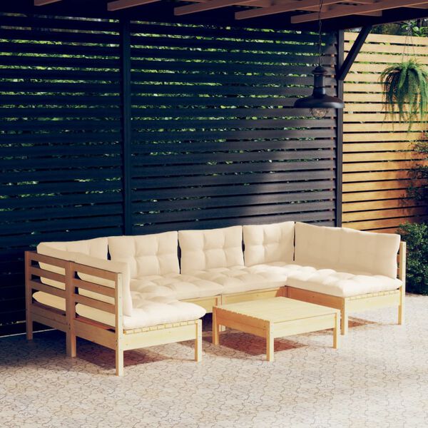 vidaXL Set Divani da Giardino 7 pz con Cuscini Crema in Massello di Pino