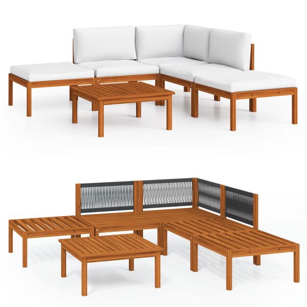 vidaXL Set da giardino 6 pezzi con cuscini in legno crema, acacia e corda