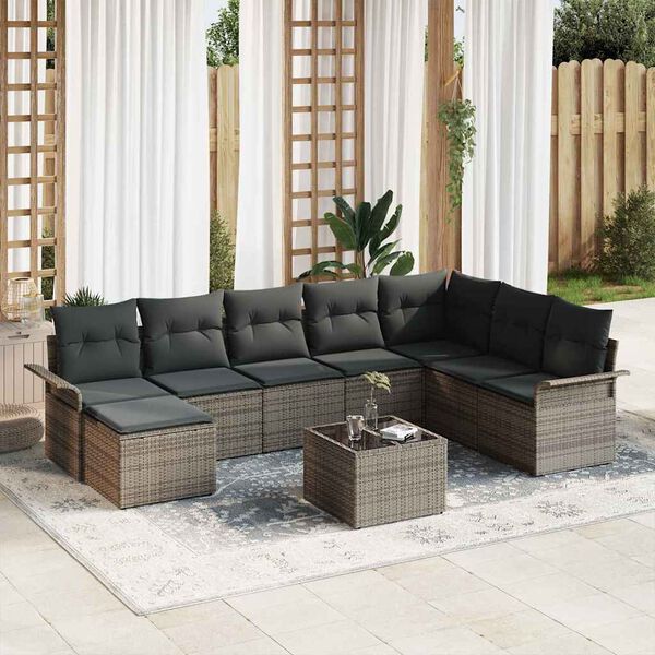 vidaXL Set Divano da Giardino con cuscino 9 pcs Grigio Poly Rattan