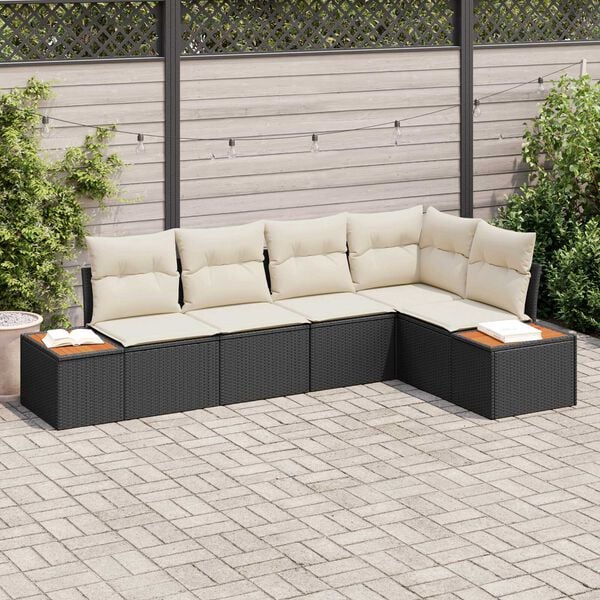 vidaXL Set Divano da Giardino con cuscino 5 pcs Nero Poly Rattan