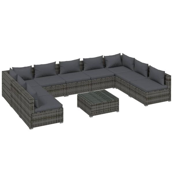 vidaXL Set Divani da Giardino 10 pz con Cuscini in Polyrattan Grigio