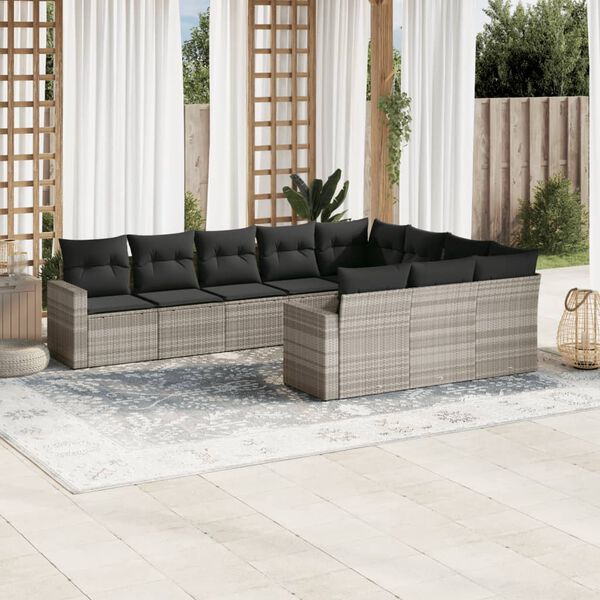 vidaXL Set Divano Giardino 10 pz con Cuscini Grigio Chiaro Polyrattan