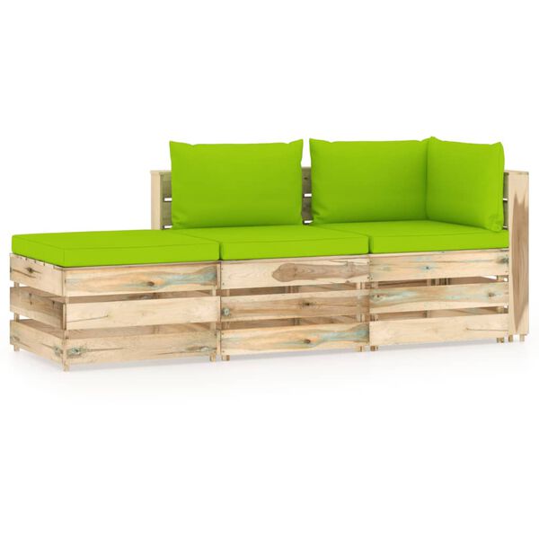 vidaXL Set Divani da Giardino con Cuscini 3 pz Legno Impregnato Verde