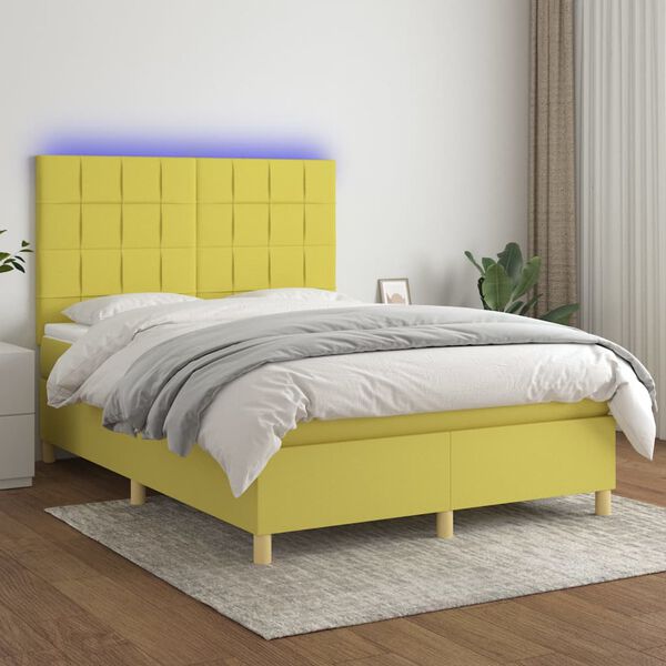 vidaXL Letto a Molle con Materasso e LED Verde 140x190 cm in Tessuto
