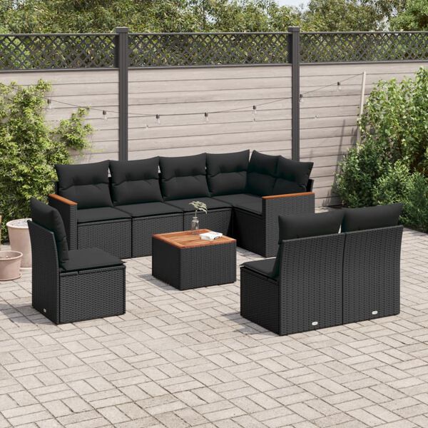 vidaXL Set Divani da Giardino 9 pz con Cuscini Nero in Polyrattan