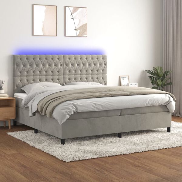 vidaXL Letto a Molle Materasso e LED Grigio Chiaro 200x200 cm Velluto