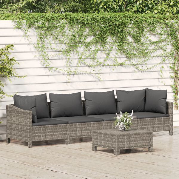 vidaXL Set Divani da Giardino 5 pz con Cuscini in Polyrattan Grigio