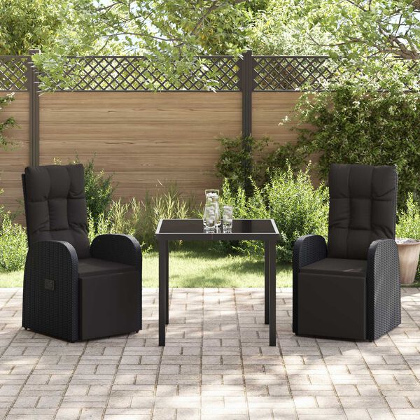 vidaXL Set da Pranzo per Giardino con cuscino 3 pcs Nero polyrattan