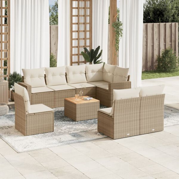 vidaXL Set Divano da Giardino 9 pz con Cuscini Beige in Polyrattan