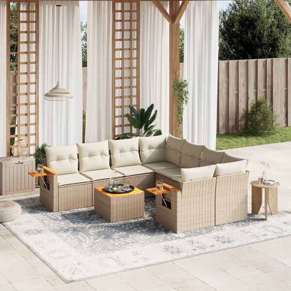vidaXL Set Divano da Giardino 9 pz con Cuscini Beige in Polyrattan