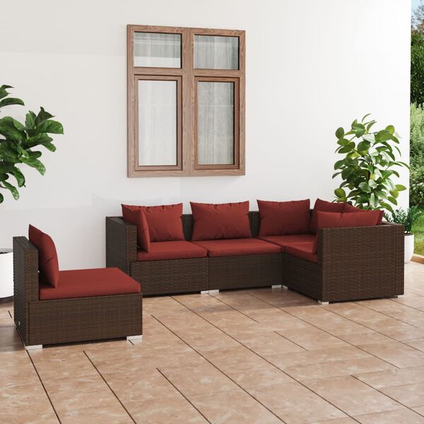 vidaXL Set Divani da Giardino 5 pz con Cuscini in Polyrattan Marrone