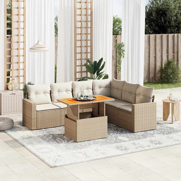 vidaXL Set Divani da Giardino 7 pz con Cuscini Beige in Polyrattan